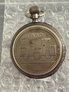 54445 1820 Pocket Watch Made In Switzerland Mechanical Train Motif Silver Full Hunter 15 Jewels Vintage