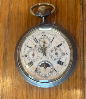 4996 Acier Garanti Depose Silver Multi-dial Moon Phase Pocket Watch Roman Numerals Mpn