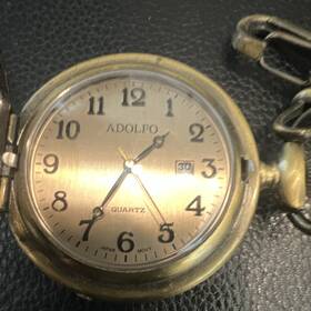 Adolfo Qcs-4 Quartz Full Hunter Pocket Watch With Chain Date Display Train Theme