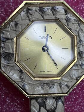 Wa-t4 Agon 8008 Argon Swiss Hexagon Ladies Watch Gold Tone Runs Snakeskin Look Band Vin
