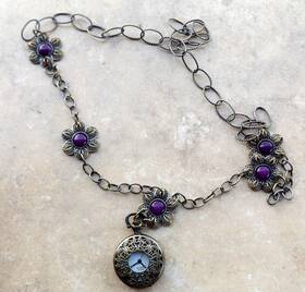 P205 American Coin Treasures Womens Purple Flower Bronze Pocket Necklace Pendant Chain Lady Gift Boho