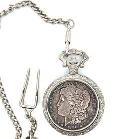 1890-o American Historic Society Morgan Dollar Quartz Pocket Watch Chain Works