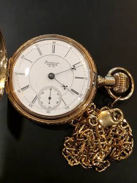 D4037 American Waltham W. Co. 14k Yellow Gold Full Hunter Pocket Watch Roman Numerals