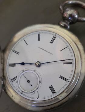 U6317 American Watch Co. Coin Silver Full Hunter Mechanical Pocket Roman Numera