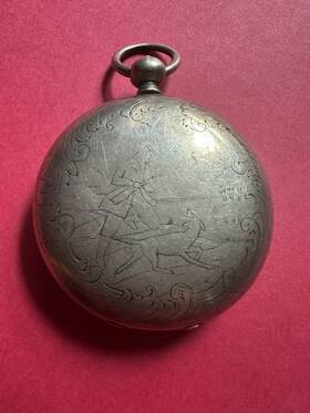 12102 Antique Hunting Man And Dog Roman Numeral Pocket Watch