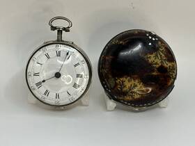 1770 Antique 1777 Silver Verge Fusee London Pair Cased Pocket Watch Tortoise Shell Painted