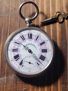 24302 Antique Swiss Pocket Watch With Cylinder Key Wind Engraved Rare
