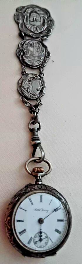 263445-4 Antique Sterling Daisy Registered Pocket Watch 30mm And 4 Inch Fob 36g Total