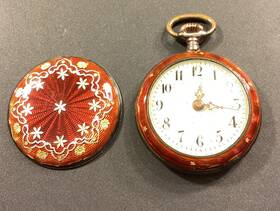 15459 Argent Dore Antique Red Enamel And Gold Pocket Watch Decorative Floral Swiss 1 Inch
