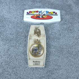 Armitron 2200/279 Vintage 1994 Looney Tunes Pocket Watch Gold Tone With Chain Box Acm Case