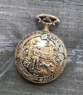 955124 Belair Pocket Watch Quartz Eta Movt. Full Hunter Case With Hunting Theme
