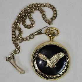 Bnr039pw Benrus Eagle Pocket Watch 45mm Gold Tone Black Enamel Chain New Battery Working
