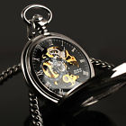 Black Skeleton Pocket Retro Watch Mens Windup Steampunk Chain Gift Mechanical