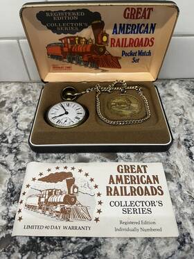 19912 Bradley Vintage Great American Railroads Pocket Watch Set By With Original Box