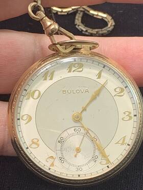 241801 Bulova Vintage Pocket Watch 17ah 17 Jewels 10k Rolled Gold Plate With Chain Runs