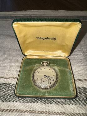 4666173 Burlington 21 Jewels Pocket Watch Silver W Orig Box Works See Video