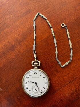 5005527 Burlington 1920s 21 Jewels Gold Pocket Watch Movement Art Deco Chain