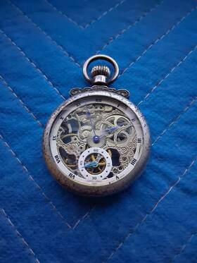 Xwa3329 Charles Hubert Stainless Steel Open Face Skeleton Dual Time Pocket Watch