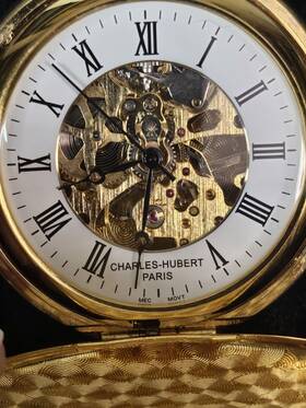 Xwa609 Charles Hubert Gold Plated Mechanical Double Skeleton Pocket Watch With Chain
