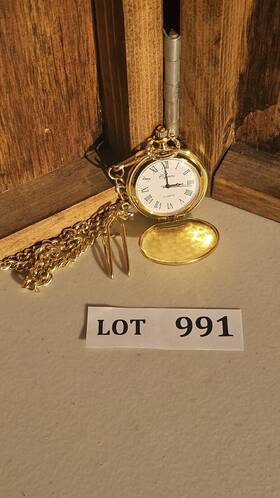 Om24-36 Ciprini Vintage Gold Pocket Watch 14 Inch Chain Quartz Floral Design