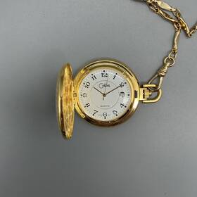 129800 Colibri Vintage Pocket Watch Men 35mm Gold Tone Date Full Hunter New Battery