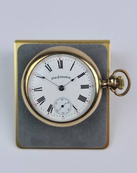 Columbus 372370 New Side Winder Pocket Watch Gold Filled Grade 203 Size 18s Running
