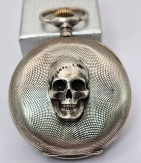 604114 Confucius Antique Pocket Watch Memento Mori Skull Silver 84 / 875 Working