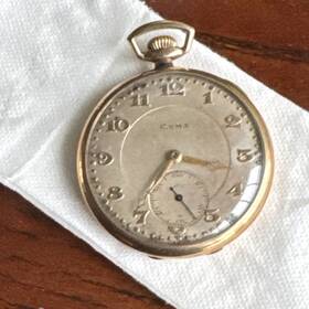 5694007 Cyma Gold Filled Open Face Pocket Watch White Arabic Dial Small Seconds