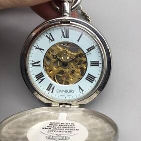 117857 Danbury Pocket Watch Manual Wind Skeleton With Chain Silver Tone