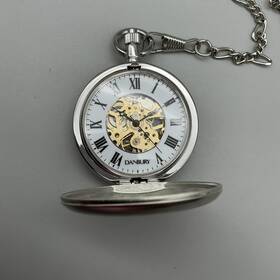 132387 Danbury Pocket Watch Men 49mm Silver Tone Skeleton Full Hunter Manual Wind