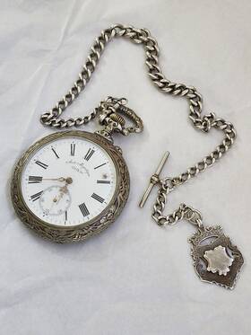 Tj191 Doxa 1905 Open Face Pocket Scene Watch&british Sterling Silver Shield Cha Inch J.a
