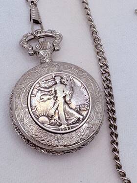 B598 Dufonte By Lucien Piccard Pocket Watch Silver 1943 Liberty Half Dollar Coin Read