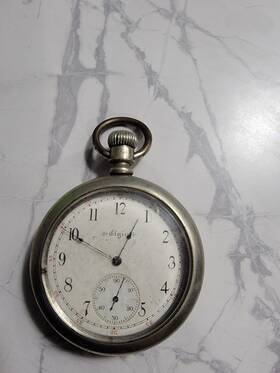 10097696 Elgin Unisex Silver Pocket Watch Mechanical Screwback Case Arabic Numerals