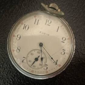 13957886 Elgin Silver Open Face Pocket Watch Mechanical 15 Jewels Safety Pinion Subdial