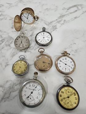 1407-8 Elgin Lot Of 8 Mixed Pocket Watches As Is Hampden Watch Co Waltham Hamilton And More