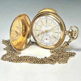 14809171 Elgin Vtg 1910 14k Gold Ladies Mini Hunter Pocket Watch 7j Ornate Dial With Chain