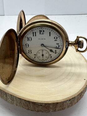 15j-runs Elgin 17387436 Antique Full Hunter Pocket Watch Gold Filled Etched Illinoi Case