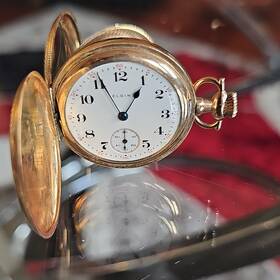 18770730 Elgin Gold Filled Full Hunter Pocket Watch Arabic Numerals Mechanical Vintage