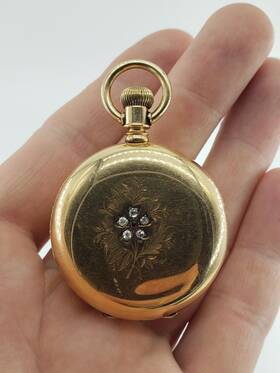 1886-1892 Elgin 14k Solid Gold Diamond Ruby Gemstone Pocket Watch Hunter Case
