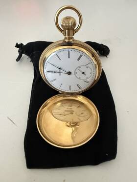 191087 Elgin 18k Yellow Gold Full Hunter Pocket Watch Roman Numerals Seconds Hand