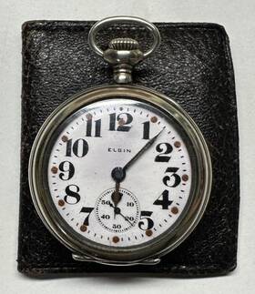 20040340 Elgin Pocket Watch 418 7 Jewel 1918 Ser # Silverode Case Leather Pouch