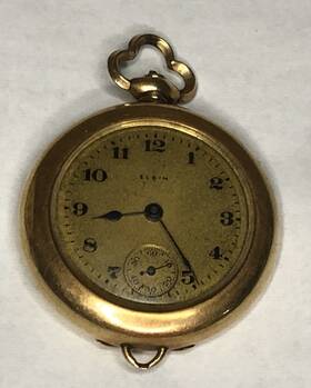 20535381 Elgin Antique 1918 14k Yellow Gold Pocket Watch 7 Jewel Openface Blue Hands