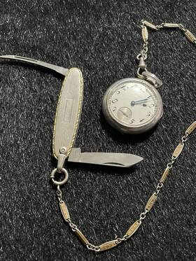 20616068 Elgin Sterling Silver Antique Pocket Watch With Krementz Gold Filled Chain And Knife
