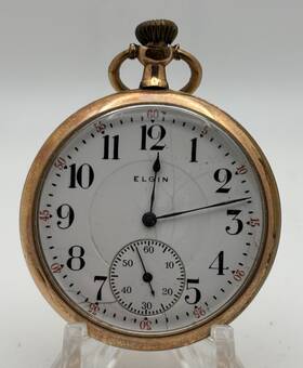 21270902 Elgin 10k Gold Filled 17 Jewel Size 12 Open Face Pocket Watch Runs