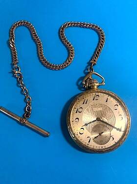 21653252 Elgin Mens Pocket Watch Gold Plate Works With Chain