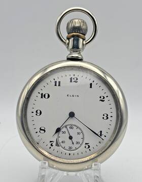 22036134 Elgin 7 Jewel Size 16 Open Face Swing Out Nickel Case Pocket Watch Runs