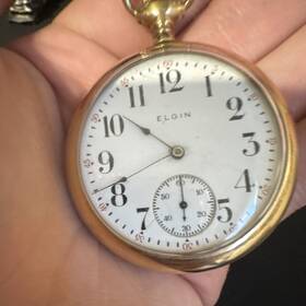221184 Elgin Gold Filled Yellow Open Face Pocket Watch White Arabic Dial Manual 7j