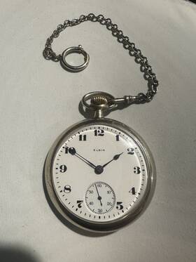 24559079 Elgin Mechanical Pocket Watch Silverode Case White Dial Arabic Numerals With Chain