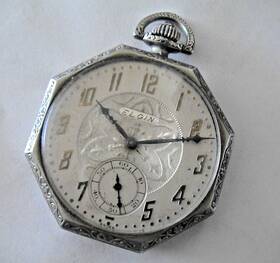 24854363 Elgin Ca 1921 12s 17j Octagon Nickel Silver Pocket Watch With Jewel Crown Working