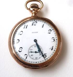 26743786 Elgin Deco Man Pocket Watch Open Face 14k Gold O.b. V Case 61.4 Gr Works 19s